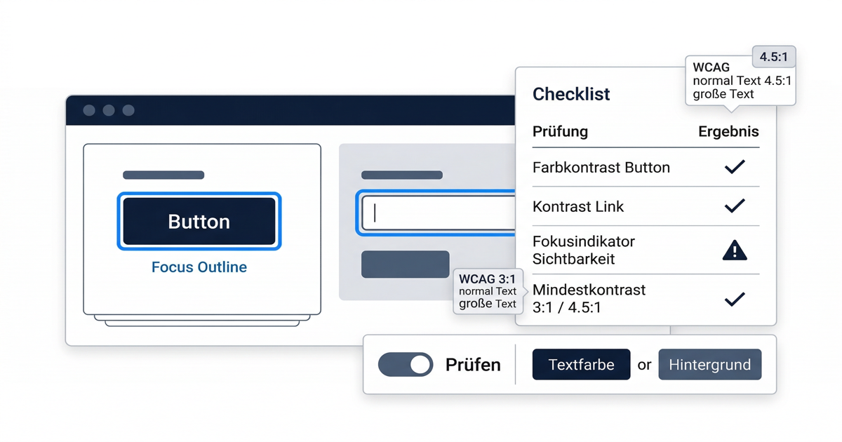Schematische Darstellung von Buttons, Links und sichtbaren Fokusindikatoren mit kontrastreichen Zuständen