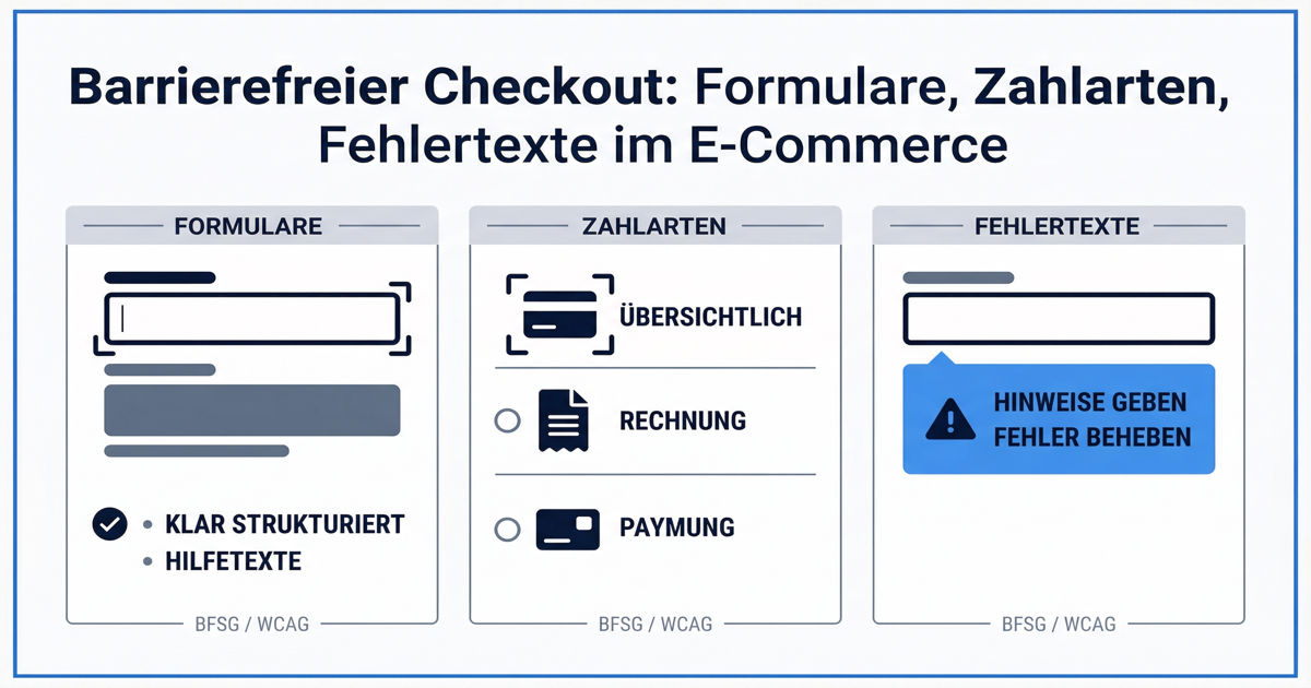 Schematische Darstellung eines barrierefreien Checkout-Prozesses mit Formular, Zahlungswahl und Fehlermeldungen