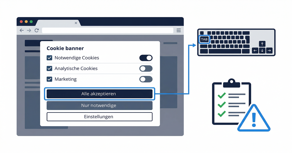 Illustration eines barrierefreien Cookie-Banners mit Fokusrahmen und klaren Consent-Optionen