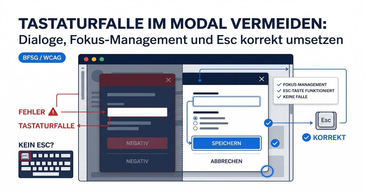 Seriöse B2B-Illustration eines modalen Dialogs mit sichtbarem Fokusrahmen, logischer Tab-Reihenfolge und klarer Schließen-Aktion